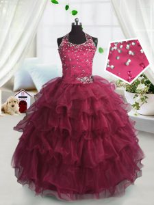 Ruffled Floor Length Watermelon Red Pageant Dress for Teens Scoop Sleeveless Lace Up