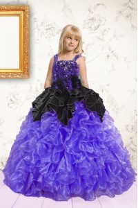 Black and Purple Organza Lace Up Kids Formal Wear Sleeveless Floor Length Beading and Ruffles