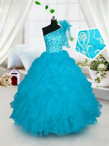Clearance One Shoulder Sleeveless Floor Length Embroidery and Ruffles Lace Up Pageant Dresses with Turquoise