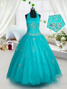 Best Selling Halter Top Sleeveless Pageant Dress for Womens Floor Length Appliques Aqua Blue Tulle