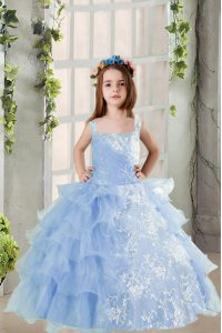 Long Sleeves Floor Length Lace and Ruffled Layers Lace Up Pageant Dress for Teens with Baby Blue