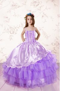 Sleeveless Organza Floor Length Lace Up High School Pageant Dress in Lavender with Embroidery and Ruffled Layers