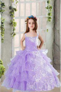 Discount Square Sleeveless Evening Gowns Floor Length Beading and Ruffled Layers Lavender Organza