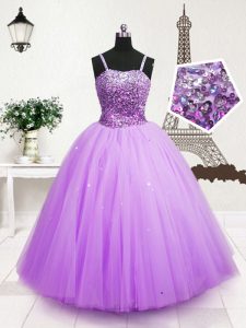 Edgy Spaghetti Straps Sleeveless Kids Formal Wear Floor Length Beading and Sequins Lavender Tulle