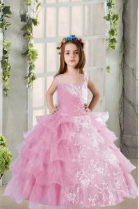 Lilac Sleeveless Lace and Ruffled Layers Floor Length Pageant Gowns For Girls