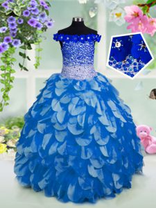 Cheap Sequins Floor Length Blue Pageant Dress for Womens Off The Shoulder Short Sleeves Lace Up