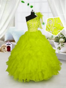 One Shoulder Yellow Green Sleeveless Organza Lace Up Girls Pageant Dresses for Party and Wedding Party