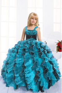 Turquoise Lace Up Little Girls Pageant Dress Beading and Ruffles Sleeveless Floor Length