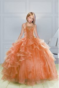 Halter Top Floor Length Lace Up Little Girls Pageant Dress Wholesale Orange for Military Ball and Sweet 16 and Quinceane