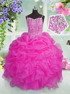 Baby Pink Organza Lace Up Spaghetti Straps Sleeveless Floor Length Little Girls Pageant Gowns Beading and Ruffles and Pi