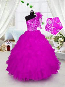 Discount One Shoulder Hot Pink Lace Up High School Pageant Dress Appliques and Ruffles Short Sleeves Floor Length