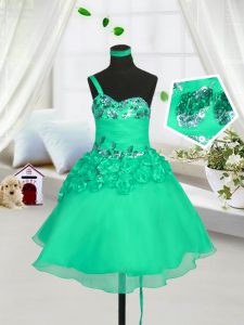 One Shoulder Turquoise Sleeveless Organza Lace Up Little Girl Pageant Dress for Party and Wedding Party