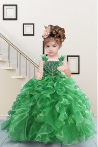 Dazzling Green Straps Lace Up Beading and Ruffles Little Girl Pageant Gowns Sleeveless