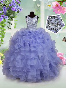 Noble Scoop Ruffles and Sequins Pageant Gowns For Girls Light Blue Zipper Sleeveless Floor Length