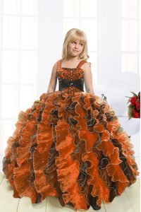 Amazing Floor Length Orange Kids Formal Wear Straps Sleeveless Lace Up