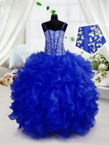 Adorable Royal Blue Organza Lace Up Little Girls Pageant Gowns Sleeveless Floor Length Beading and Ruffles