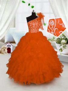 Fitting One Shoulder Orange Lace Up Little Girl Pageant Gowns Embroidery and Ruffles Sleeveless Floor Length