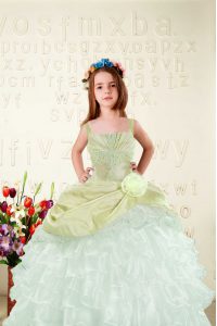 Stylish Yellow Green Ball Gowns Organza Straps Sleeveless Beading and Ruffled Layers Floor Length Lace Up Little Girl Pa