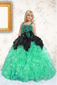Apple Green Ball Gowns Straps Sleeveless Organza Floor Length Lace Up Beading and Pick Ups High School Pageant Dress