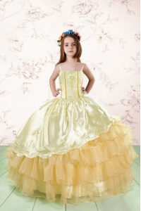 Charming Organza Spaghetti Straps Sleeveless Lace Up Embroidery and Ruffled Layers Little Girl Pageant Gowns in Orange