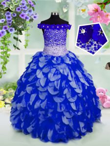 Royal Blue Ball Gowns Organza Off The Shoulder Sleeveless Beading and Hand Made Flower Floor Length Lace Up Pageant Gown