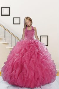 Stunning Halter Top Sleeveless Lace Up Kids Formal Wear Pink Organza