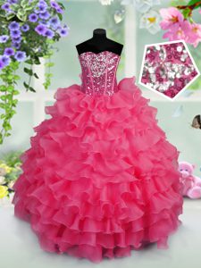 Graceful Hot Pink Lace Up Sweetheart Ruffled Layers and Sequins Pageant Gowns Organza Sleeveless