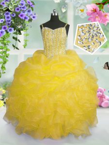 Modern Sleeveless Beading and Ruffles and Pick Ups Lace Up Little Girls Pageant Gowns