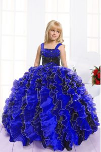 Sexy Sleeveless Floor Length Beading and Ruffles Lace Up Girls Pageant Dresses with Blue And Black
