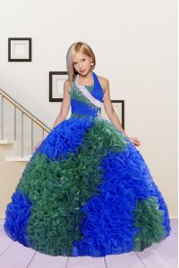 Blue and Dark Green Halter Top Neckline Beading and Ruffles Little Girl Pageant Gowns Sleeveless Lace Up
