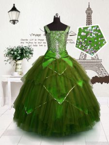 Sexy Olive Green Ball Gowns Straps Sleeveless Tulle Floor Length Lace Up Beading and Belt Pageant Gowns For Girls
