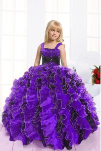 Straps Sleeveless Lace Up Pageant Dress for Teens Blue And Black Organza