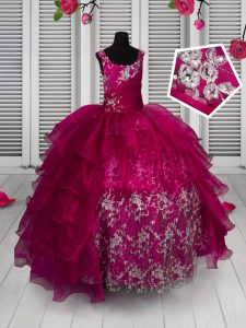 Dynamic Fuchsia Ball Gowns Organza Straps Sleeveless Appliques and Ruffled Layers Floor Length Lace Up Little Girl Pagea