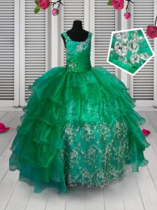 Ruffled Floor Length Ball Gowns Sleeveless Green Little Girl Pageant Gowns Lace Up