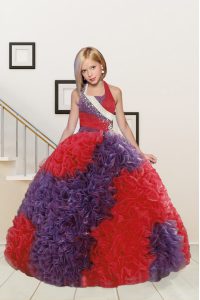 Decent Halter Top Sleeveless Floor Length Beading and Ruffles Lace Up Kids Pageant Dress with Red and Purple