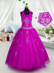 Suitable Halter Top Floor Length A-line Sleeveless Fuchsia Little Girl Pageant Dress Lace Up