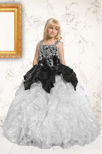 Glorious Silver Ball Gowns Organza Straps Sleeveless Beading and Pick Ups Floor Length Lace Up Glitz Pageant Dress