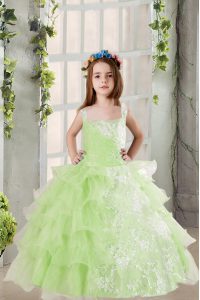 Great Yellow Green Ball Gowns Lace and Ruffled Layers Little Girls Pageant Dress Lace Up Organza Sleeveless Floor Length