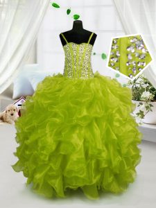 Perfect Organza Spaghetti Straps Sleeveless Lace Up Beading and Ruffles Glitz Pageant Dress in Yellow Green