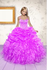 Spaghetti Straps Sleeveless Little Girl Pageant Gowns Floor Length Beading and Ruffles and Pick Ups Hot Pink Organza