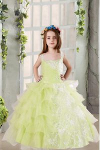 Sleeveless Lace Up Floor Length Lace and Ruffled Layers Pageant Gowns For Girls