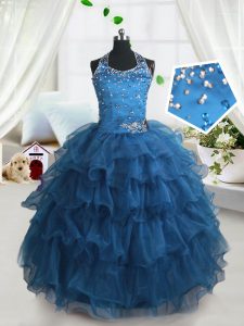 Charming Sleeveless Organza Floor Length Lace Up Kids Pageant Dress in Teal with Beading and Ruffled Layers