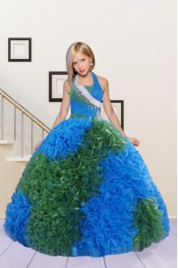 Hot Sale Halter Top Sleeveless Lace Up Girls Pageant Dresses Blue and Dark Green Fabric With Rolling Flowers
