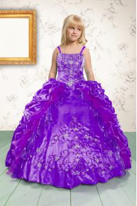 Custom Design Purple Sleeveless Floor Length Beading and Appliques and Pick Ups Lace Up Pageant Dress for Teens