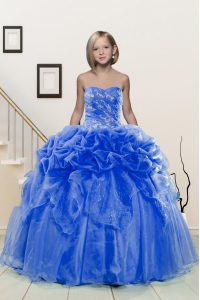 Simple Blue Ball Gowns Organza Sweetheart Sleeveless Beading and Pick Ups Floor Length Lace Up Little Girl Pageant Gowns