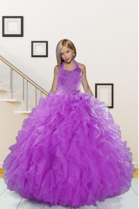 Wonderful Halter Top Sleeveless Organza Little Girl Pageant Gowns Beading and Ruffles Lace Up