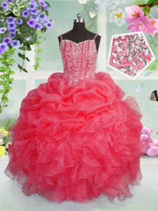 Inexpensive Rose Pink Ball Gowns Spaghetti Straps Sleeveless Organza Floor Length Lace Up Beading and Ruffles and Pick U