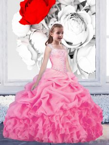 Cute Pick Ups Floor Length Ball Gowns Sleeveless Rose Pink Kids Pageant Dress Lace Up