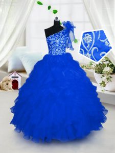 One Shoulder Sleeveless Little Girl Pageant Dress Floor Length Embroidery and Ruffles Royal Blue Organza