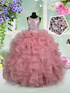 Lovely Scoop Floor Length Pink Pageant Dress Toddler Organza Sleeveless Ruffles and Sequins